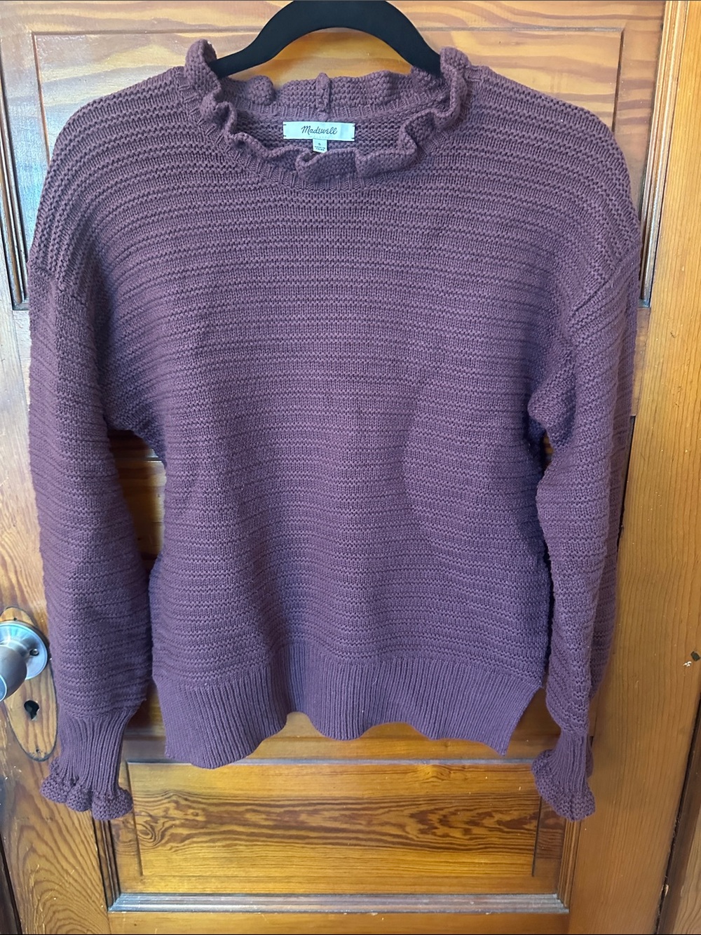 Madewell Ruffled Crewneck Sweater in Deep Plum